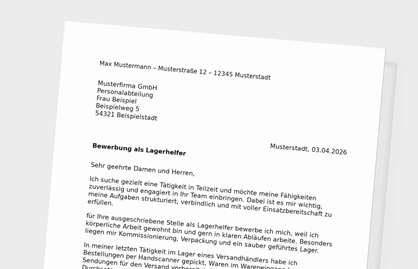 Bewerbungsanschreiben Lagerhelfer in Teilzeit