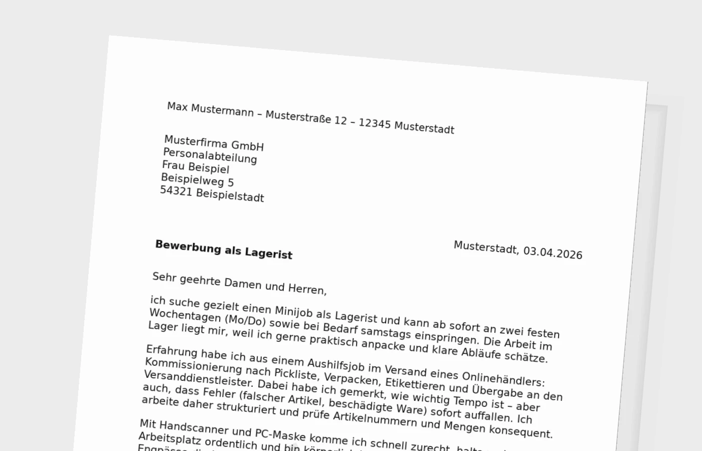Anschreiben als Lagerist (Minijob): kurz, praktisch, überzeugend
