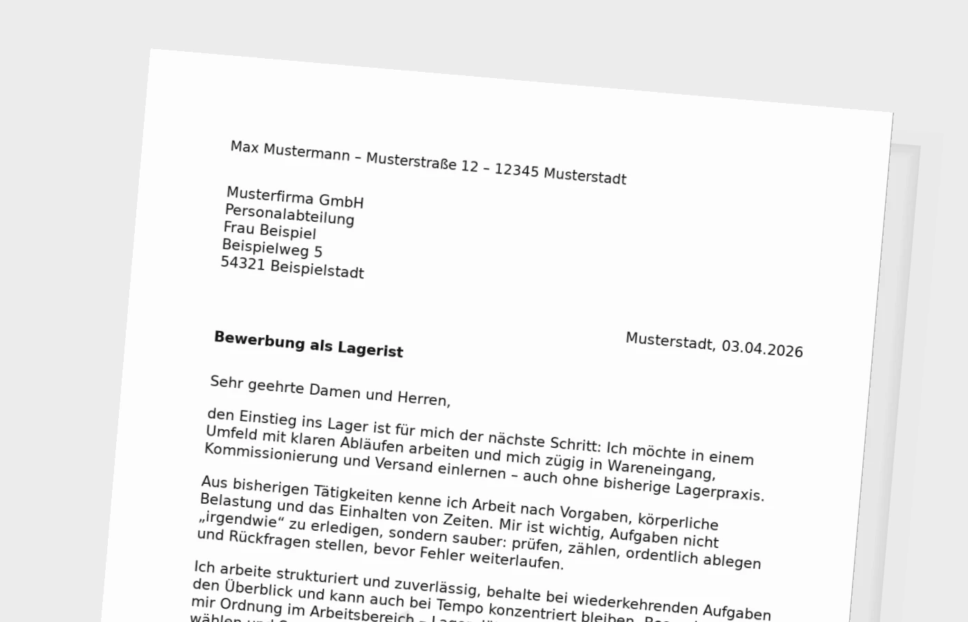 Anschreiben als Lagerist ohne Erfahrung