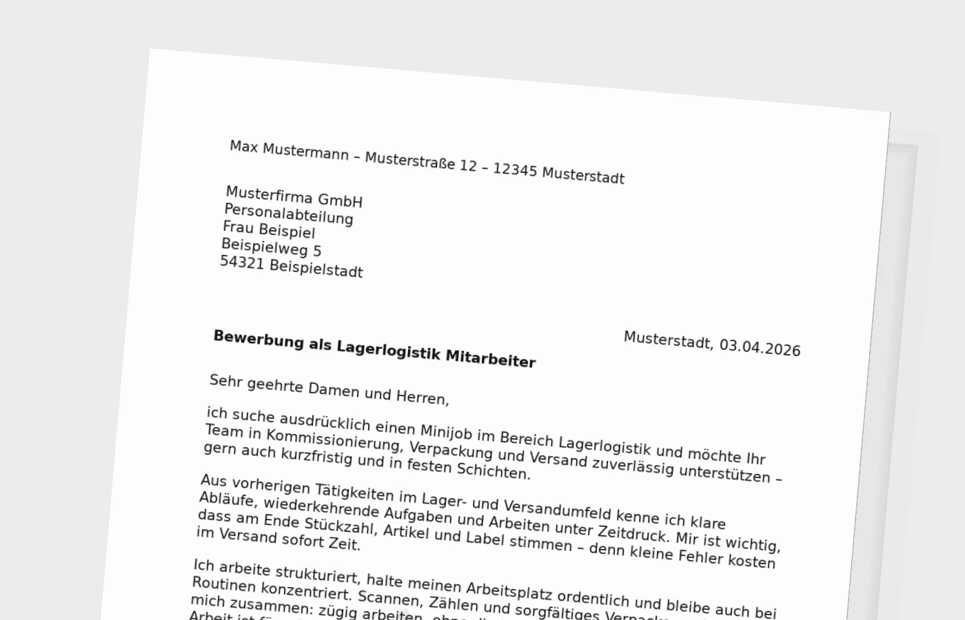 Vorschaubild zu Anschreiben für Mitarbeiter Lagerlogistik (Minijob)
