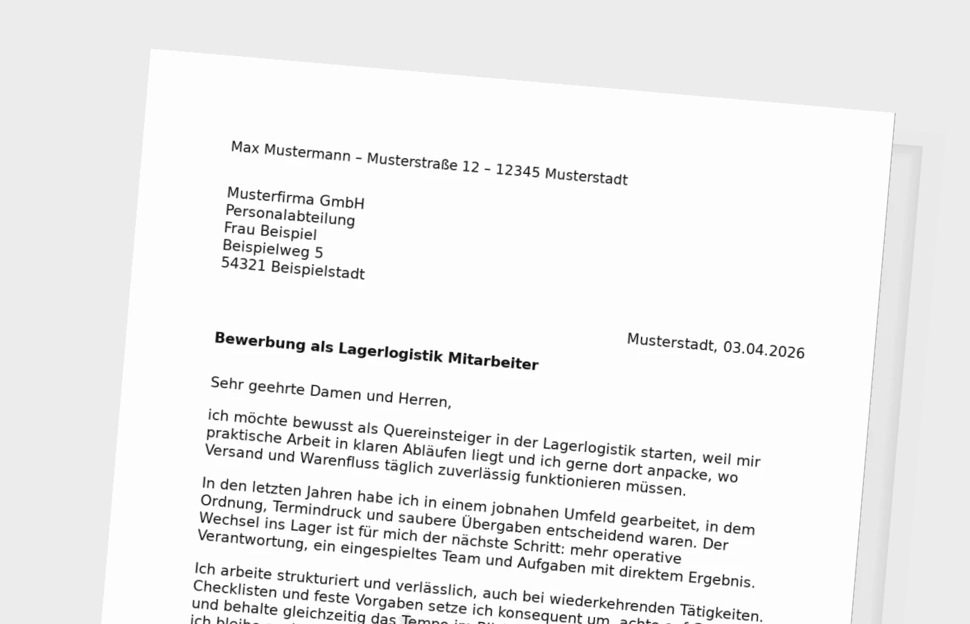 Anschreiben als Mitarbeiter Lagerlogistik (Quereinsteiger)