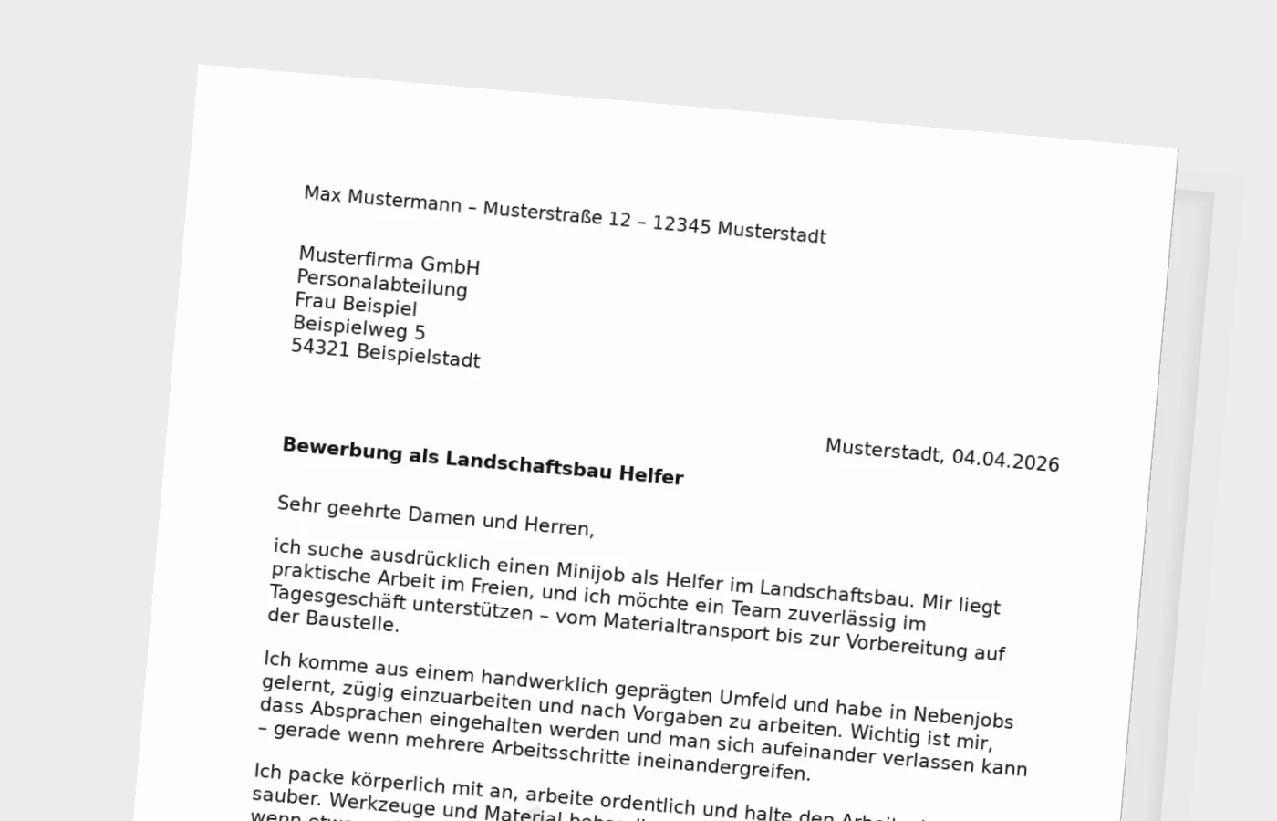 Anschreiben als Helfer im Landschaftsbau (Minijob)