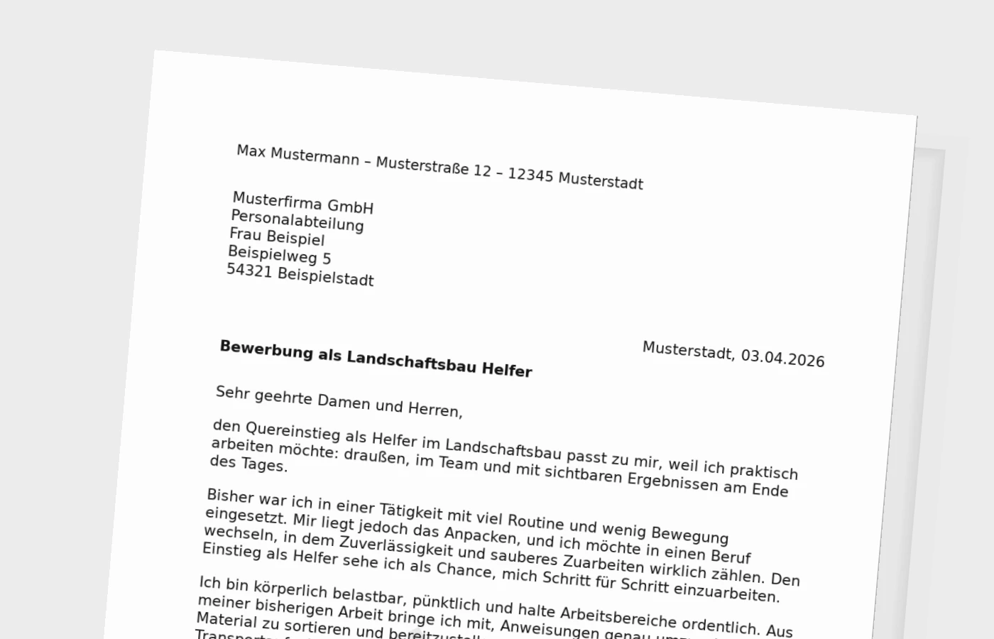 Anschreiben als Helfer im Landschaftsbau – Quereinstieg