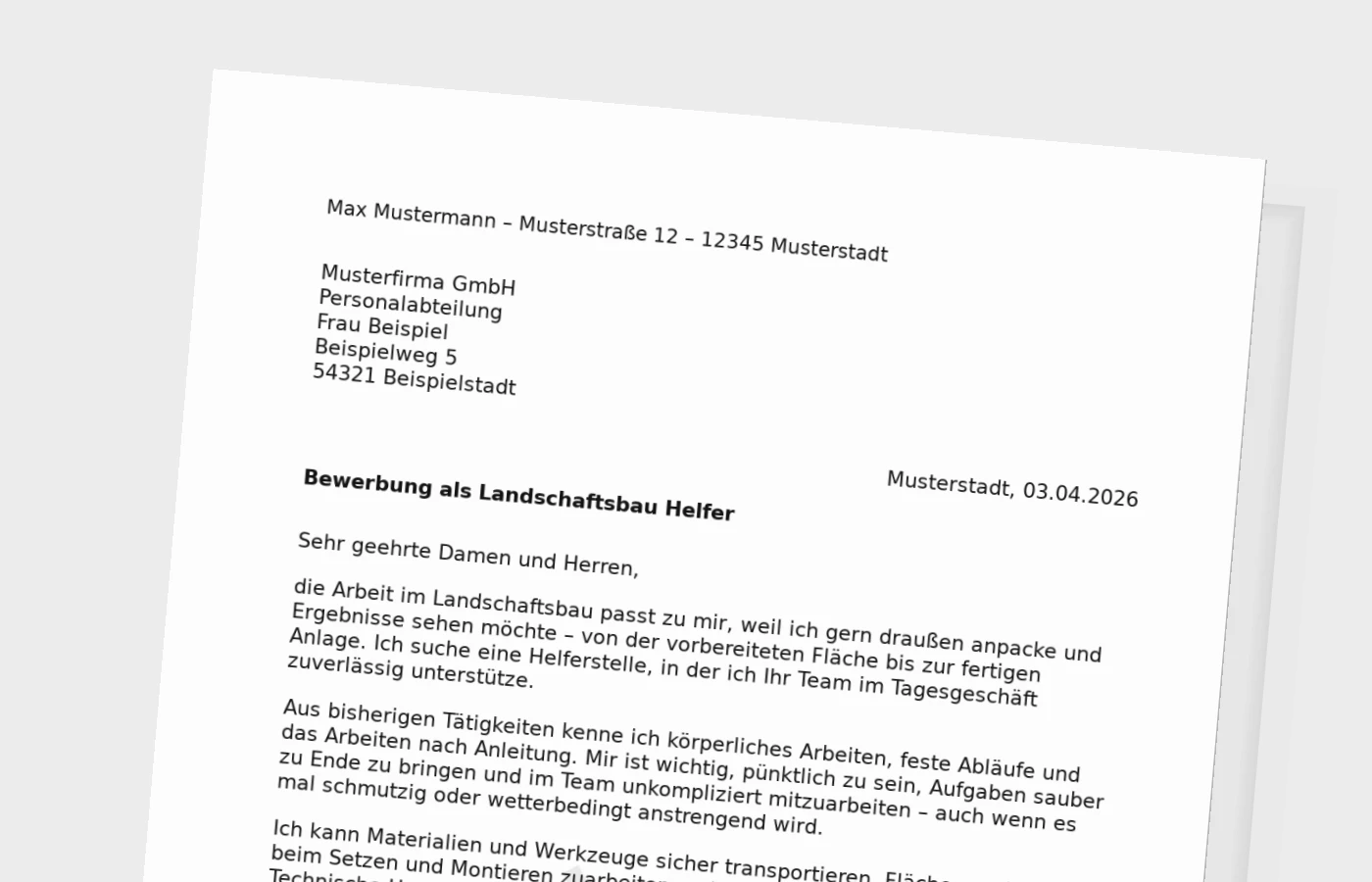 Anschreiben als Helfer im Landschaftsbau: praktisch, zuverlässig, teamfähig