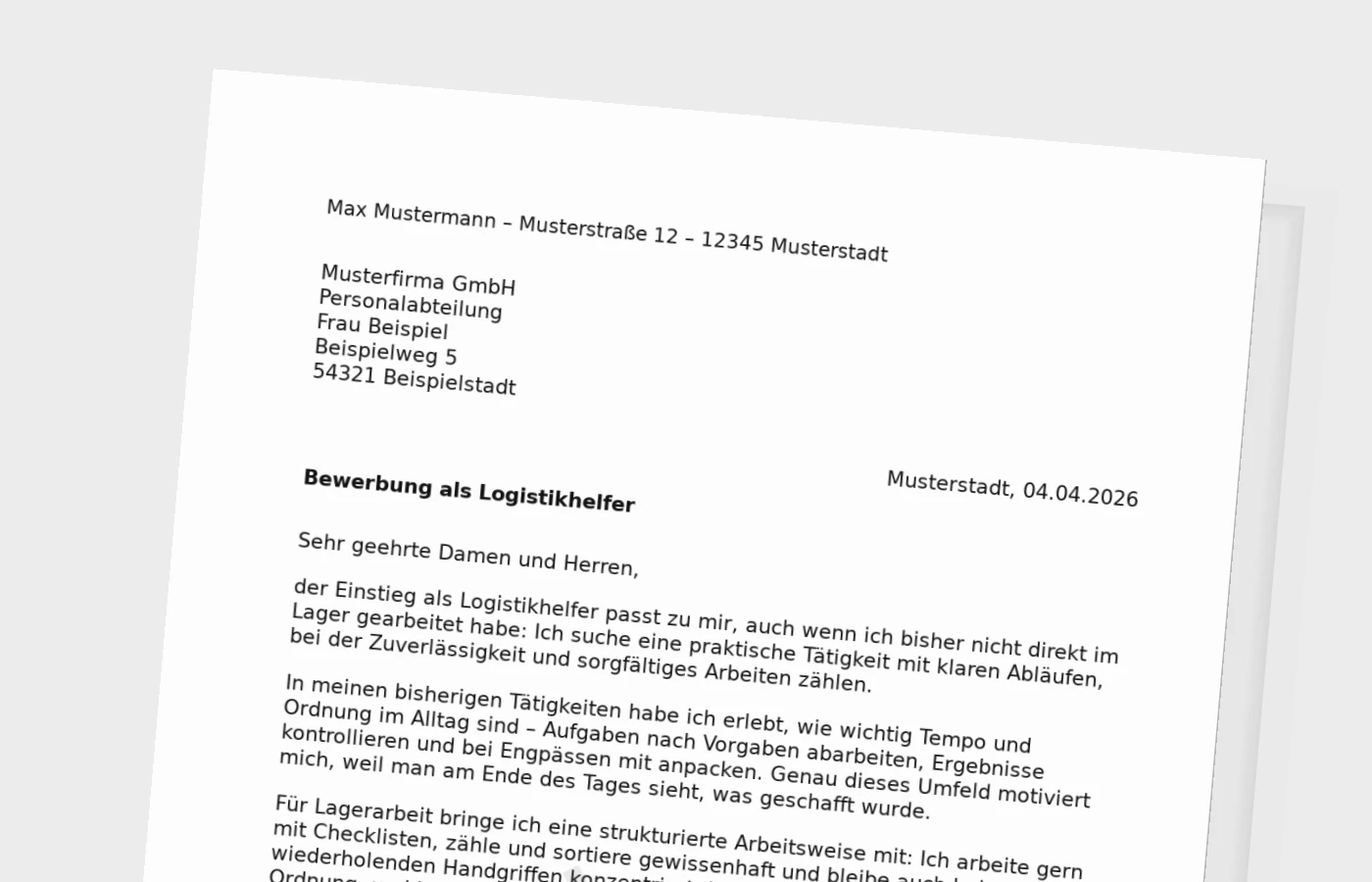 Anschreiben als Logistikhelfer ohne Erfahrung