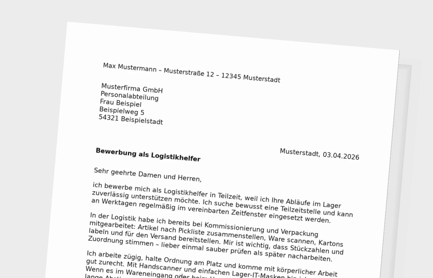 Bewerbungsanschreiben als Logistikhelfer (Teilzeit)