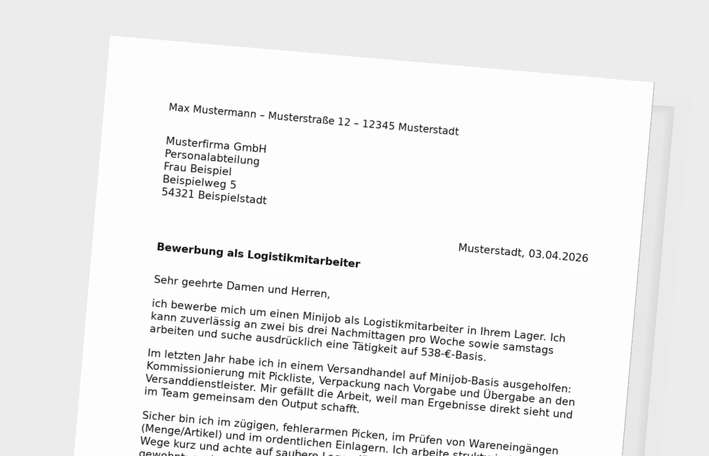 Bewerbungsanschreiben als Logistikmitarbeiter im Minijob