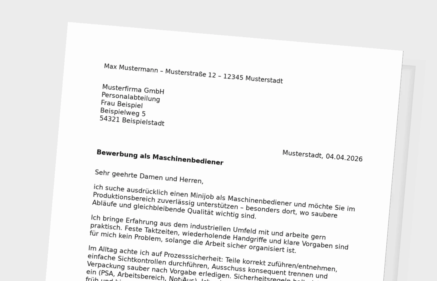 Anschreiben als Maschinenbediener (Minijob)