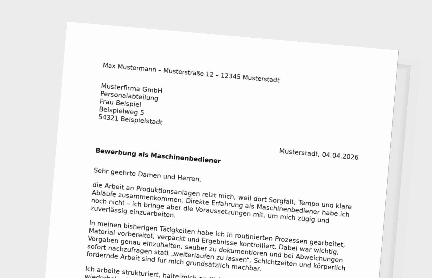 Anschreiben als Maschinenbediener ohne Erfahrung