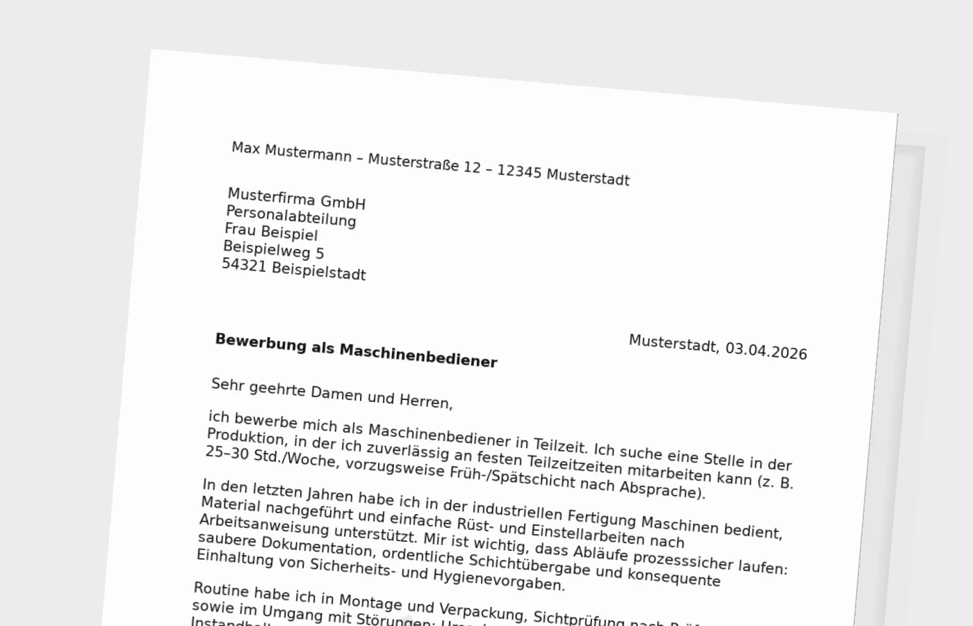 Bewerbungsanschreiben als Maschinenbediener in Teilzeit