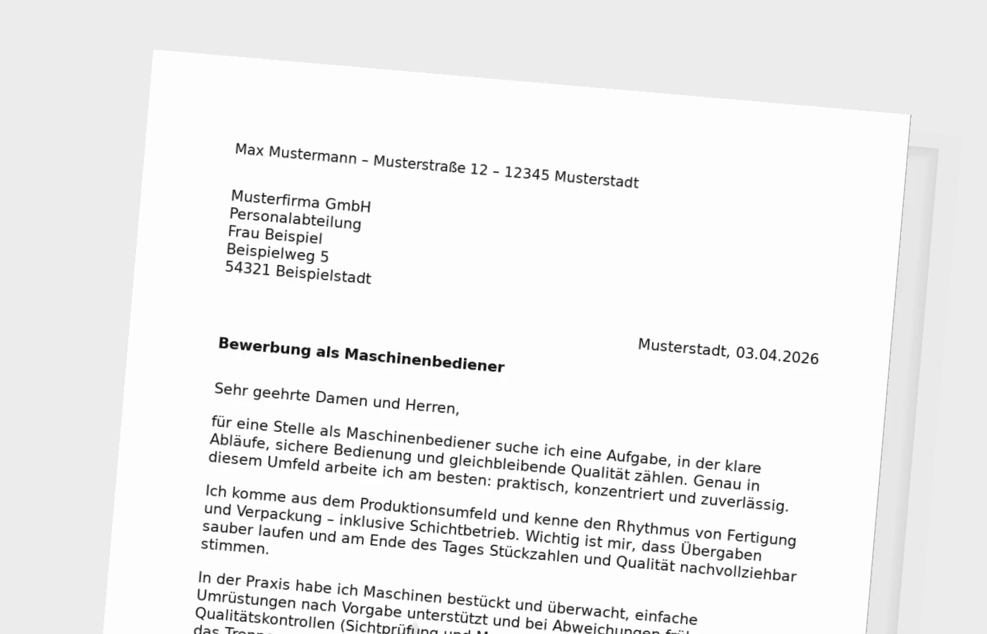 Anschreiben als Maschinenbediener (Standard): so wird es glaubwürdig