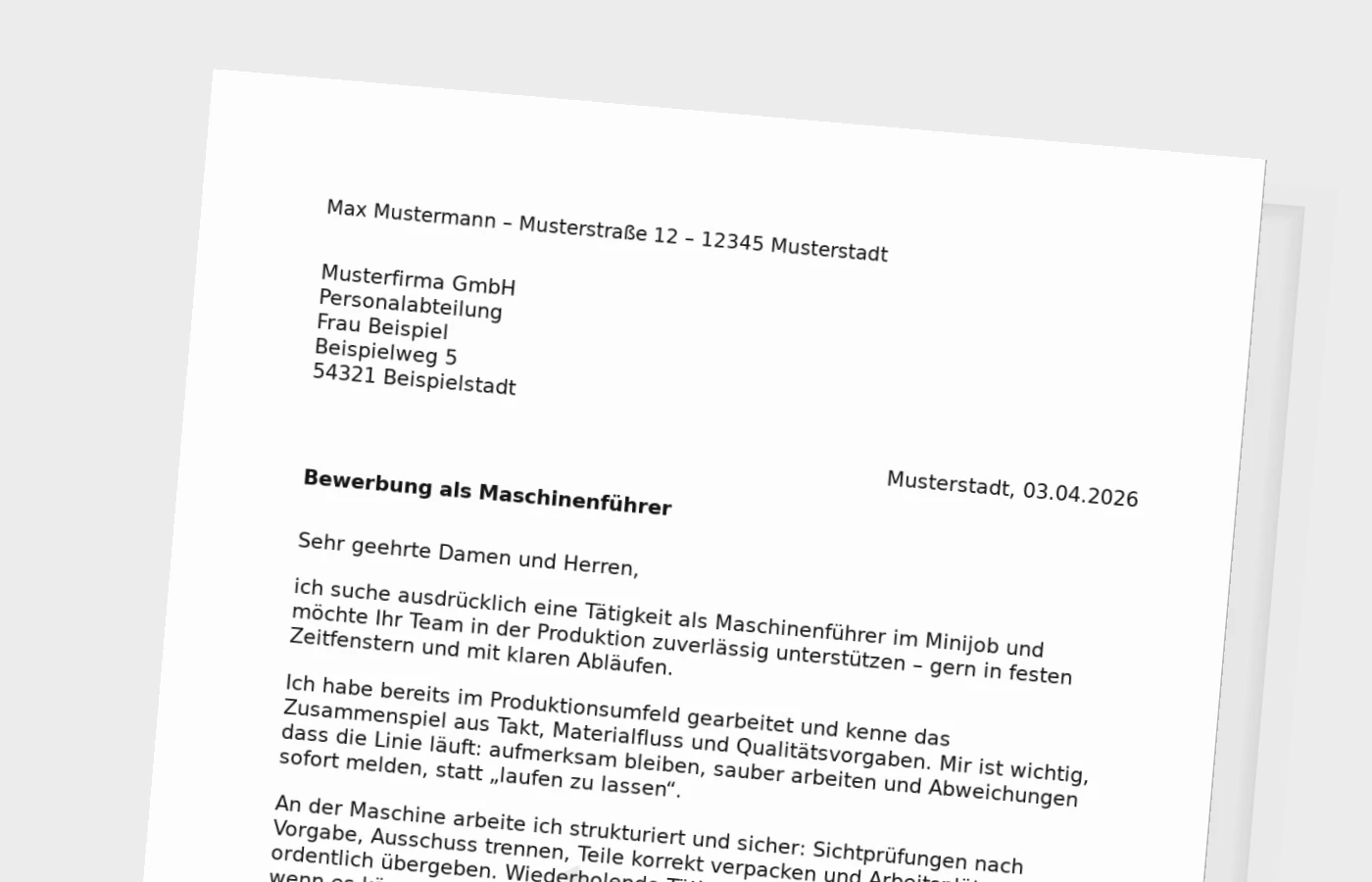 Anschreiben als Maschinenführer (Minijob): so überzeugst du in der Produktion
