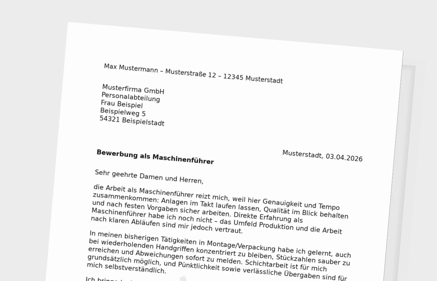 Anschreiben als Maschinenführer ohne Erfahrung
