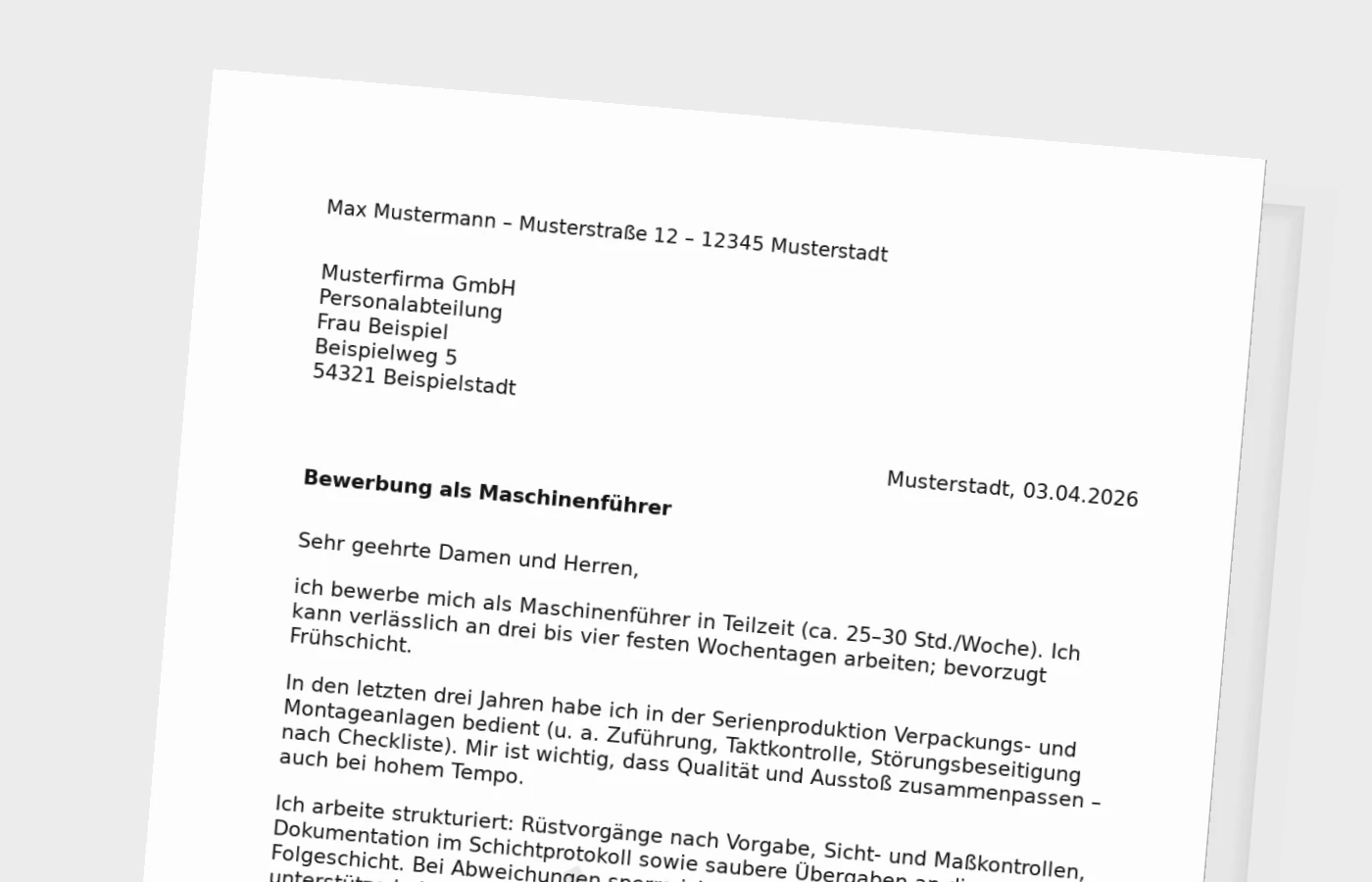 Vorschaubild zu Bewerbungsanschreiben als Maschinenführer in Teilzeit