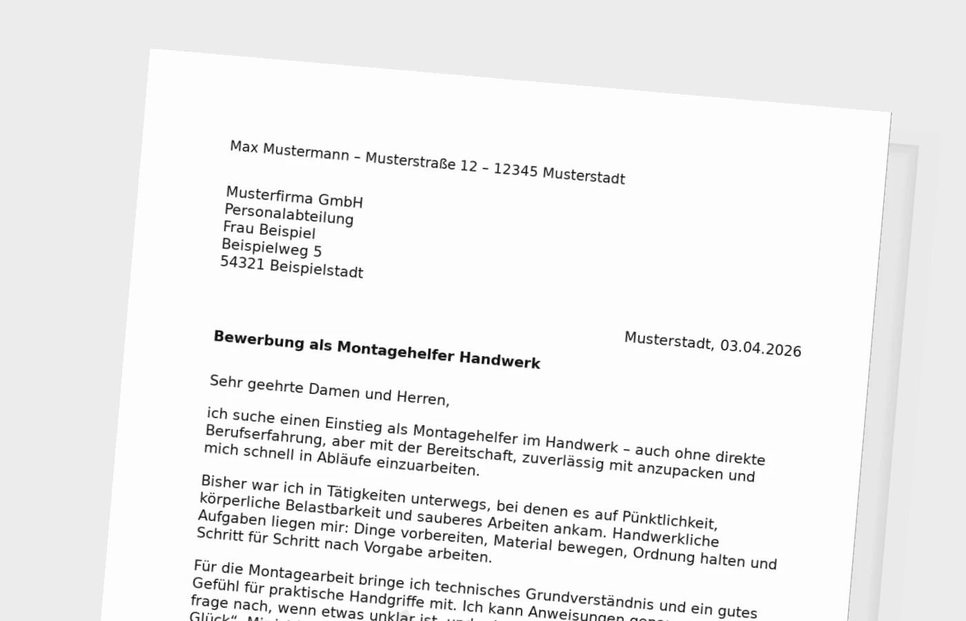Anschreiben als Montagehelfer im Handwerk – ohne Erfahrung