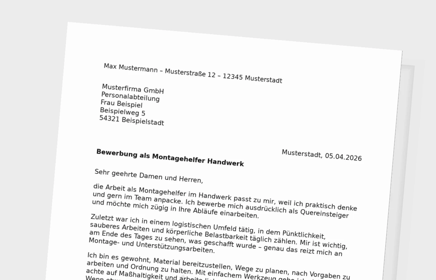 Anschreiben als Montagehelfer im Handwerk (Quereinstieg)