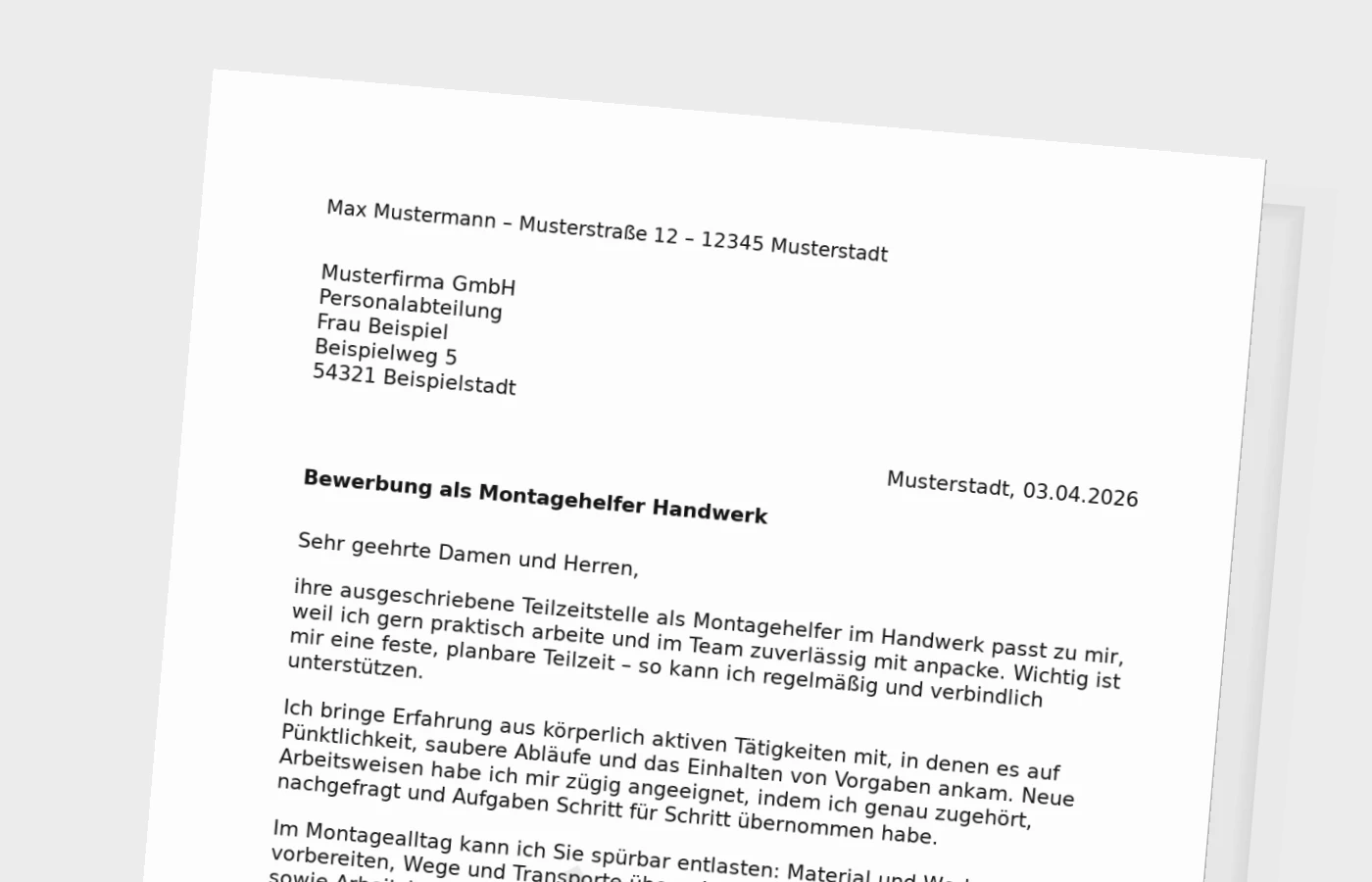 Anschreiben als Montagehelfer im Handwerk (Teilzeit)