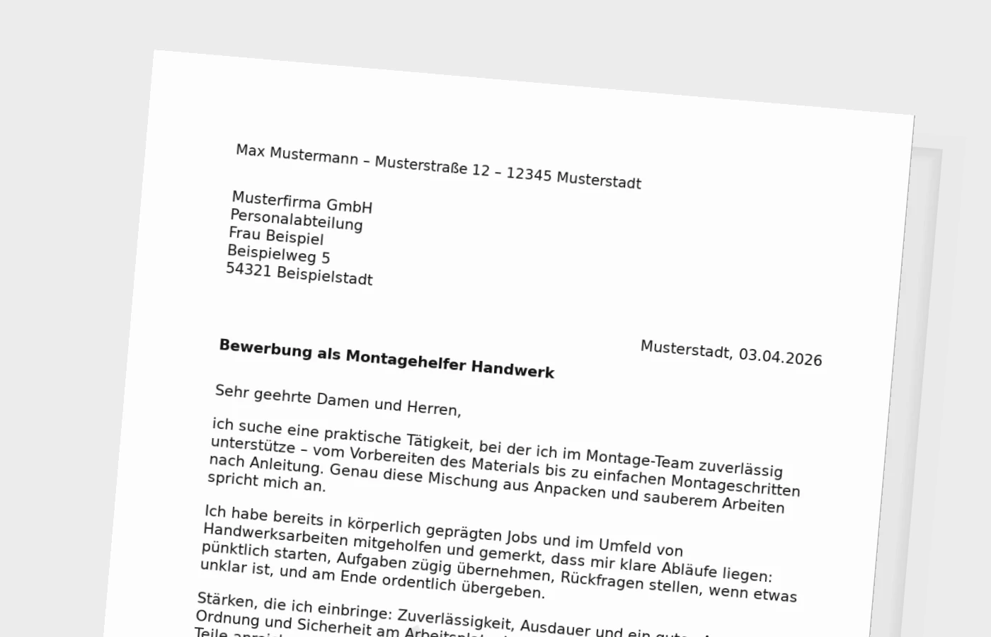 Anschreiben als Montagehelfer im Handwerk
