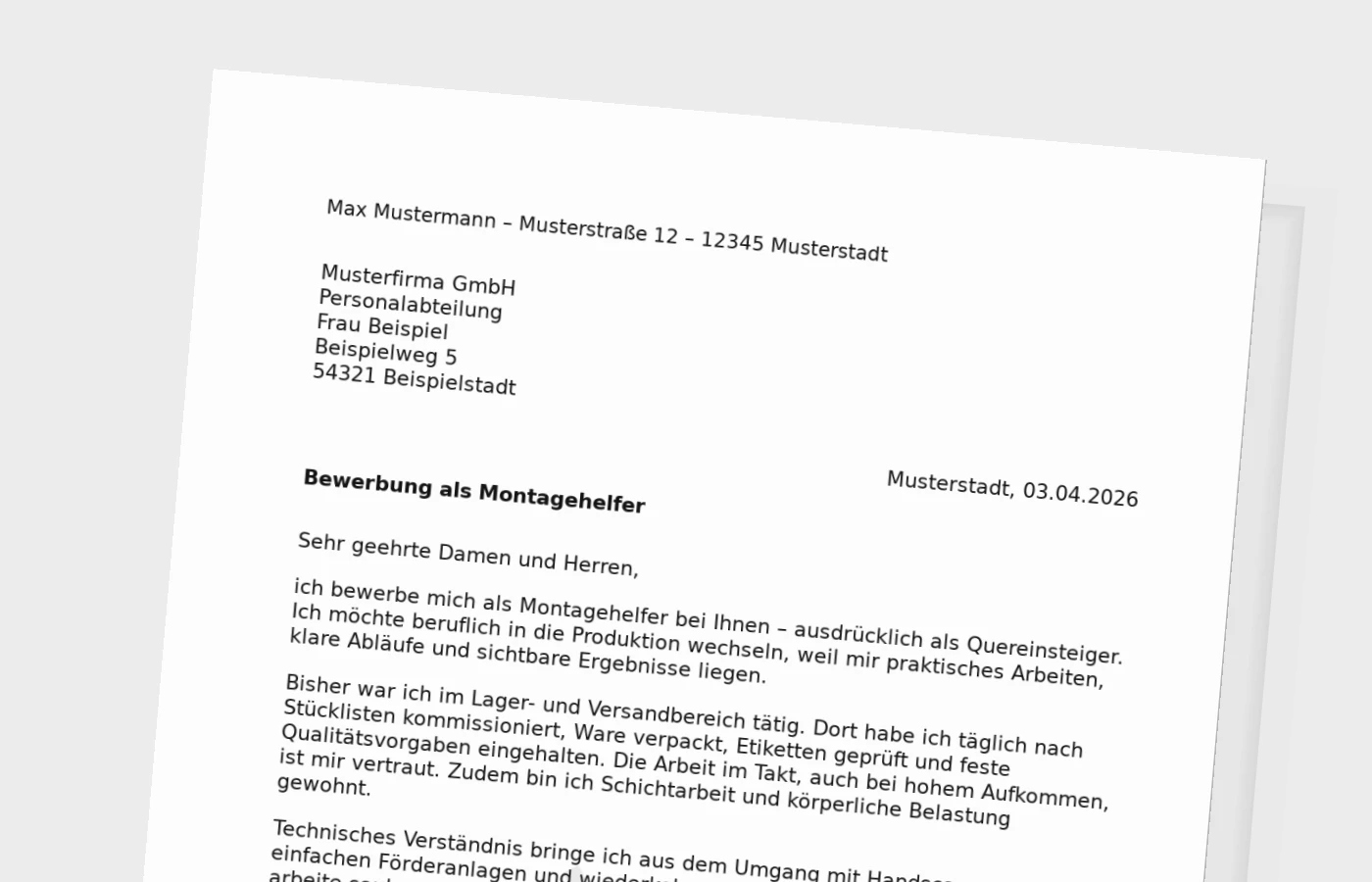 Bewerbungsanschreiben als Montagehelfer (Quereinstieg)