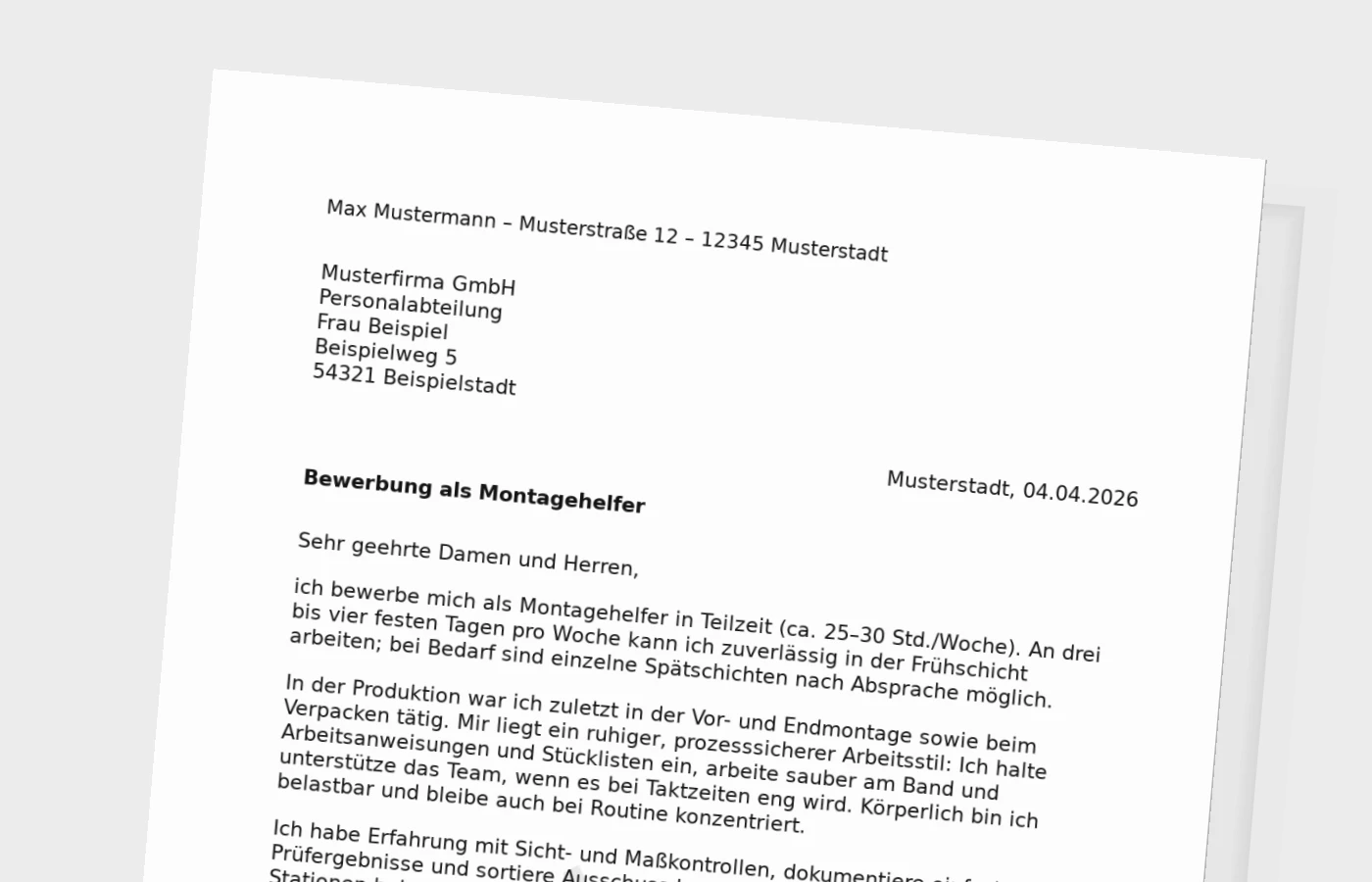 Bewerbungsanschreiben als Montagehelfer in Teilzeit