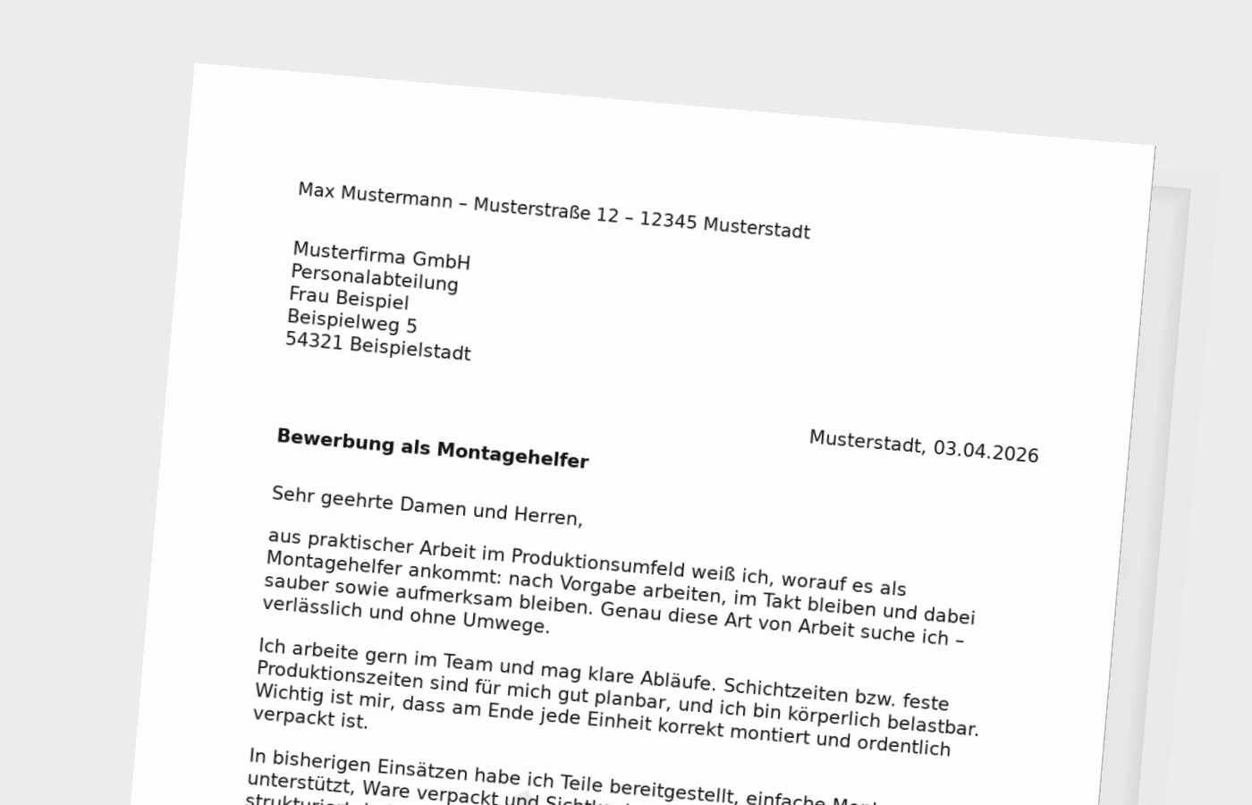 Anschreiben als Montagehelfer (standard)