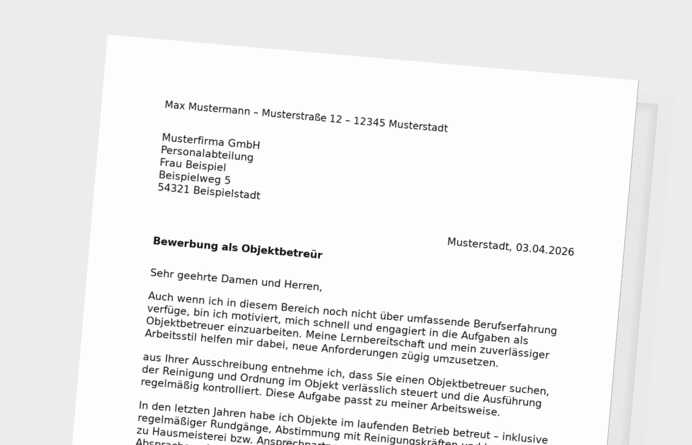 Bewerbungsanschreiben Objektbetreuer ohne Erfahrung