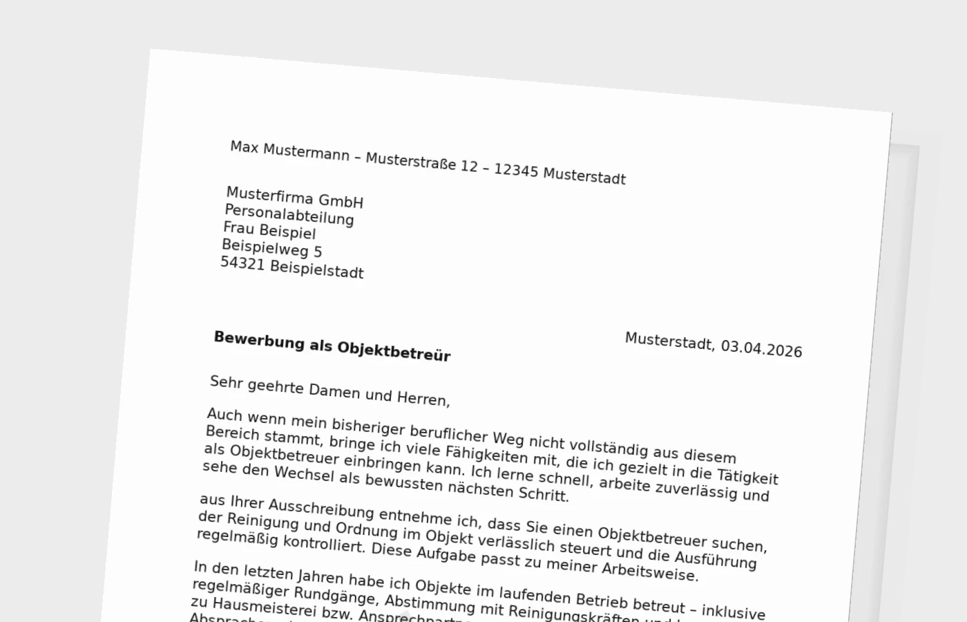 Bewerbungsanschreiben Objektbetreuer für Quereinsteiger