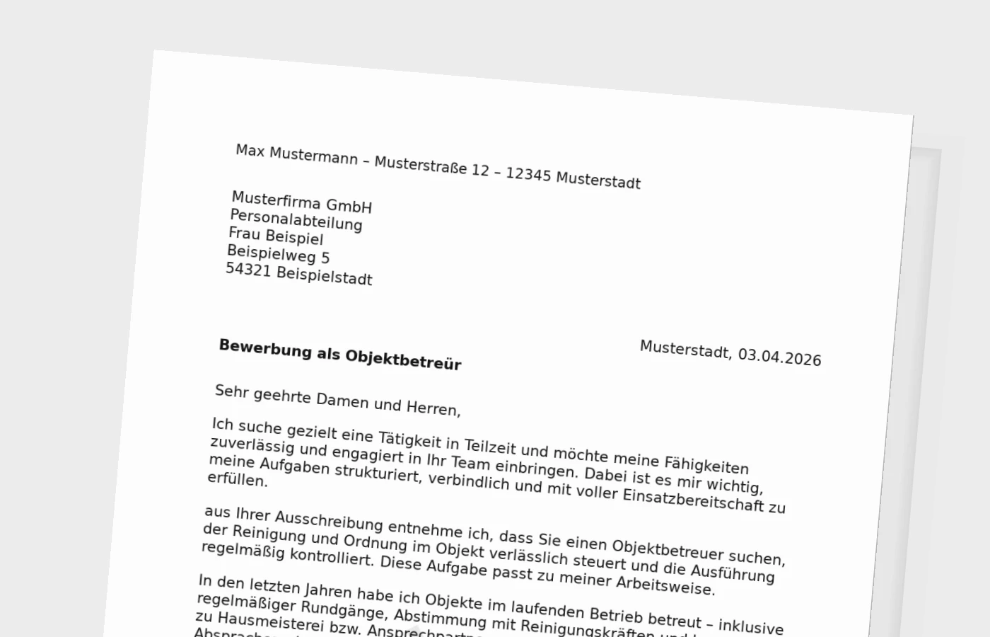 Bewerbungsanschreiben Objektbetreuer in Teilzeit