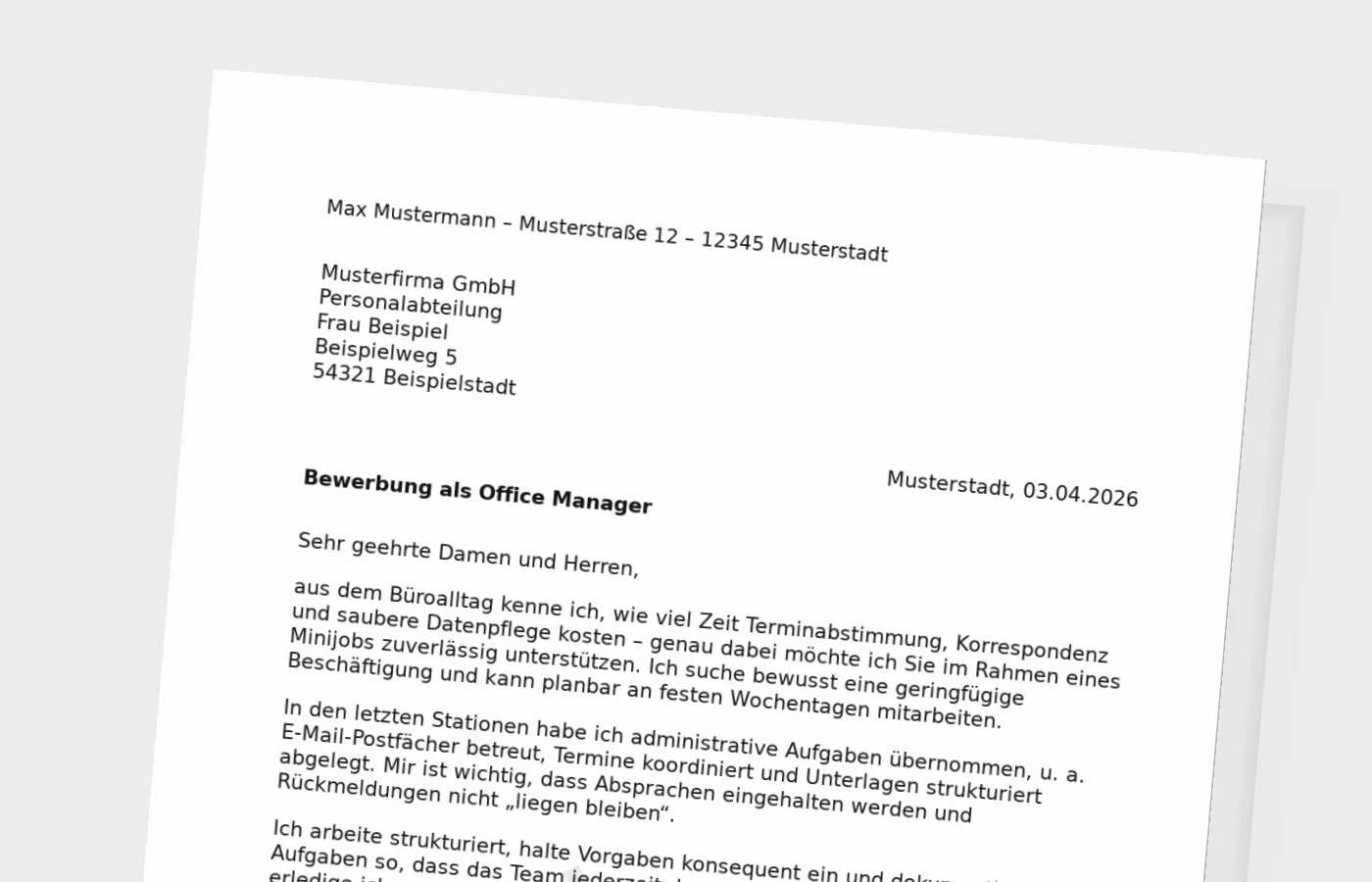 Anschreiben als Office Manager im Minijob