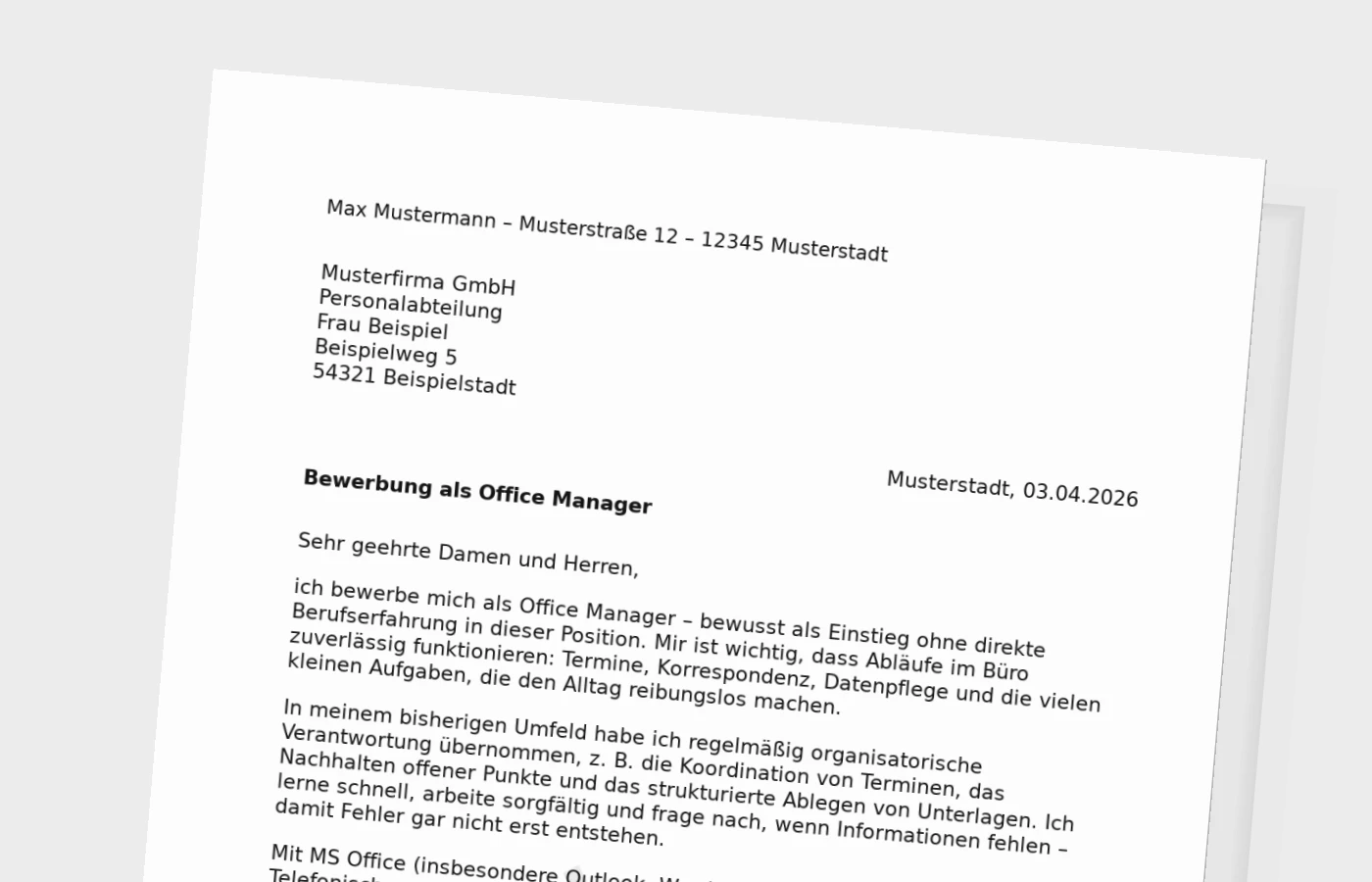 Bewerbungsanschreiben als Office Manager ohne Erfahrung