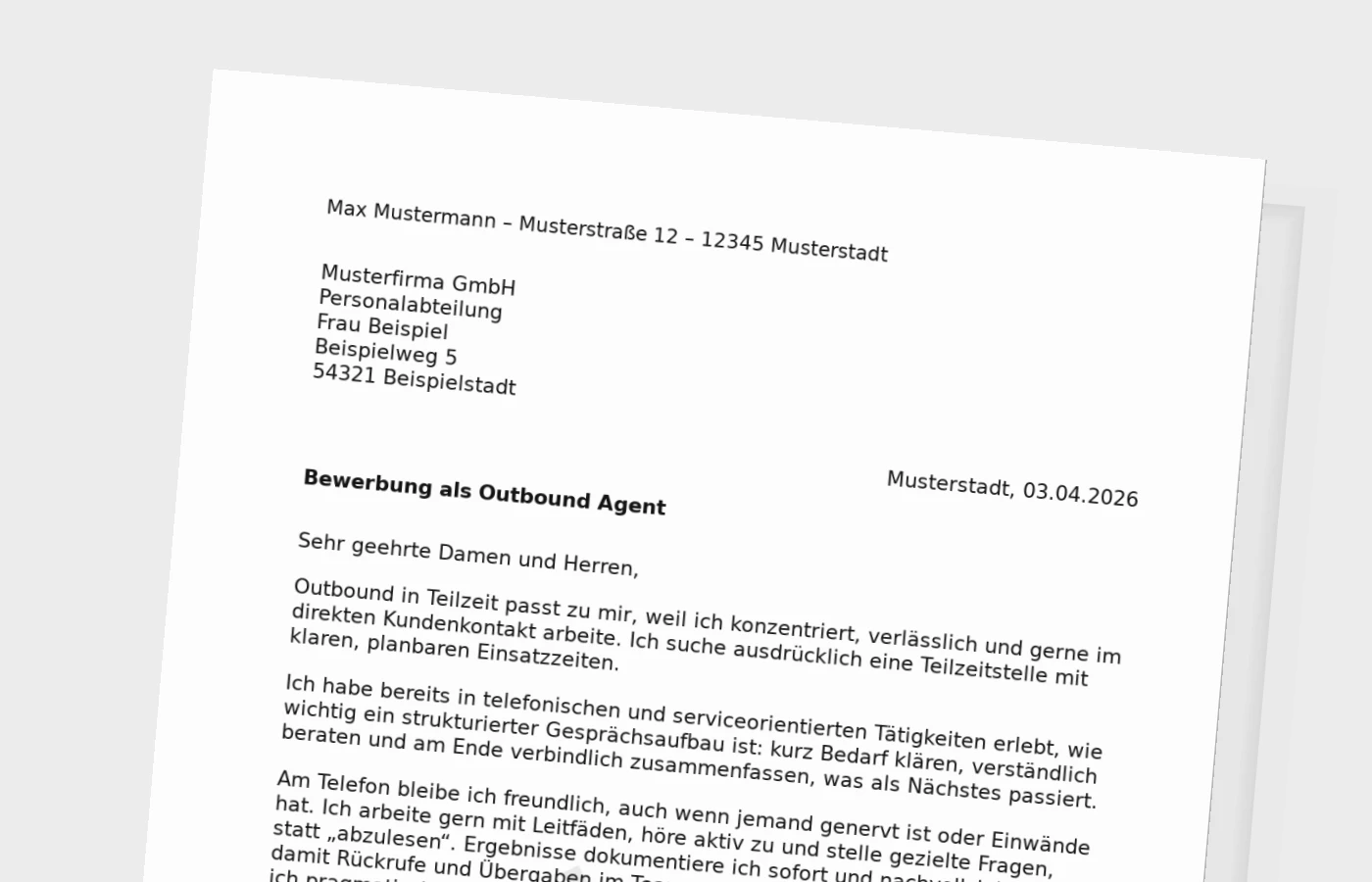 Anschreiben als Outbound-Agent in Teilzeit