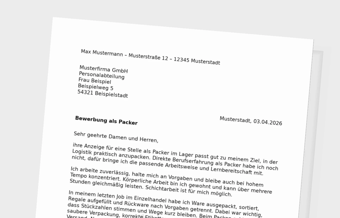 Anschreiben als Packer ohne Erfahrung