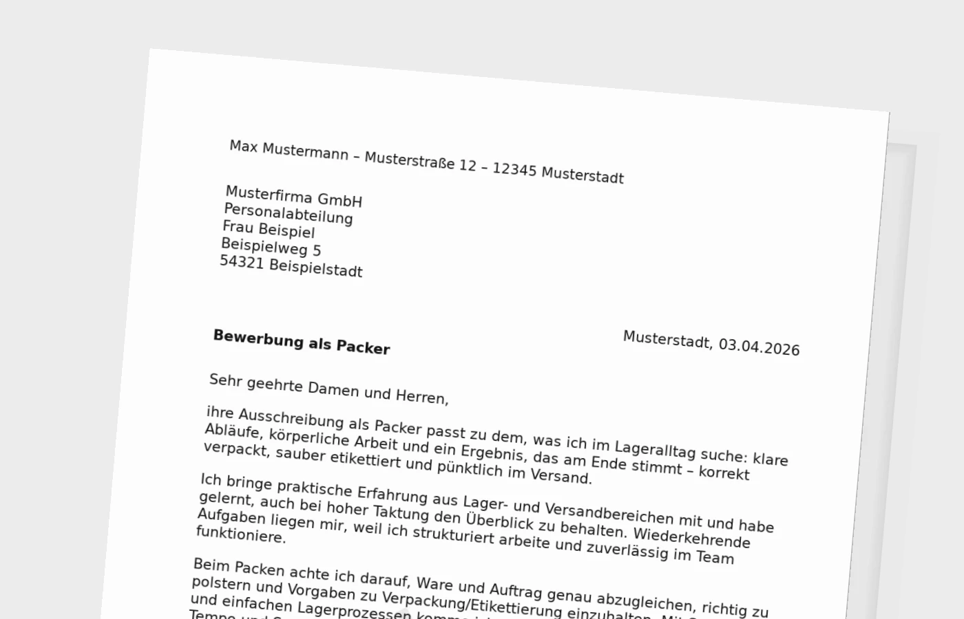 Anschreiben als Packer (Lager/Logistik)