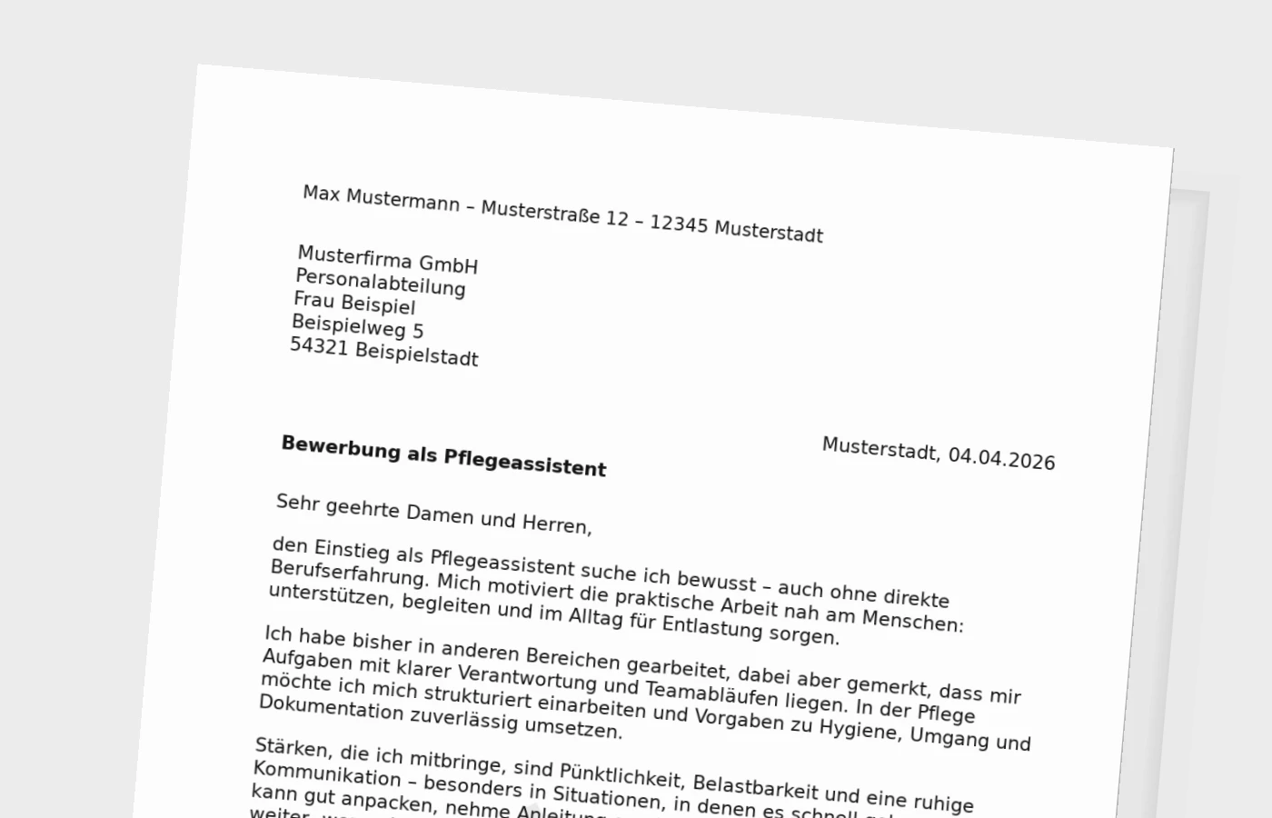 Anschreiben als Pflegeassistent ohne Erfahrung