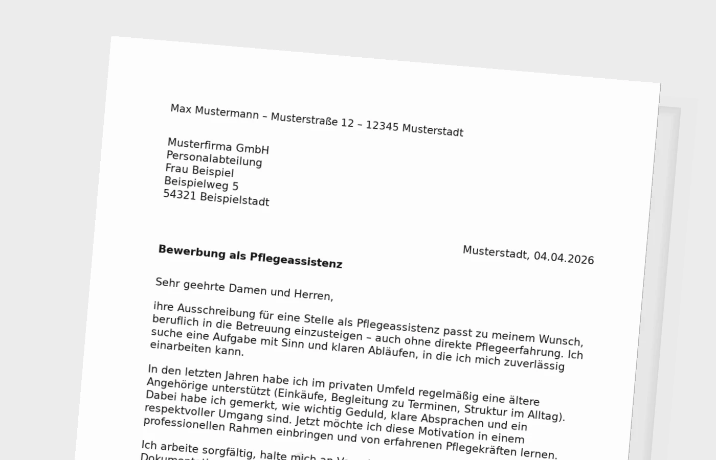 Anschreiben als Pflegeassistenz ohne Erfahrung