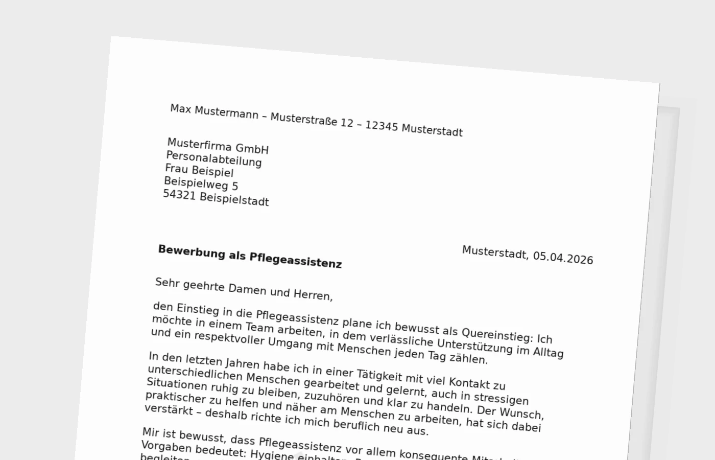 Anschreiben Pflegeassistenz als Quereinsteiger