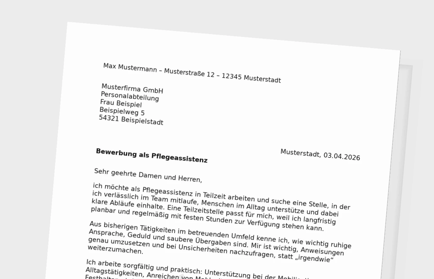 Anschreiben Pflegeassistenz in Teilzeit