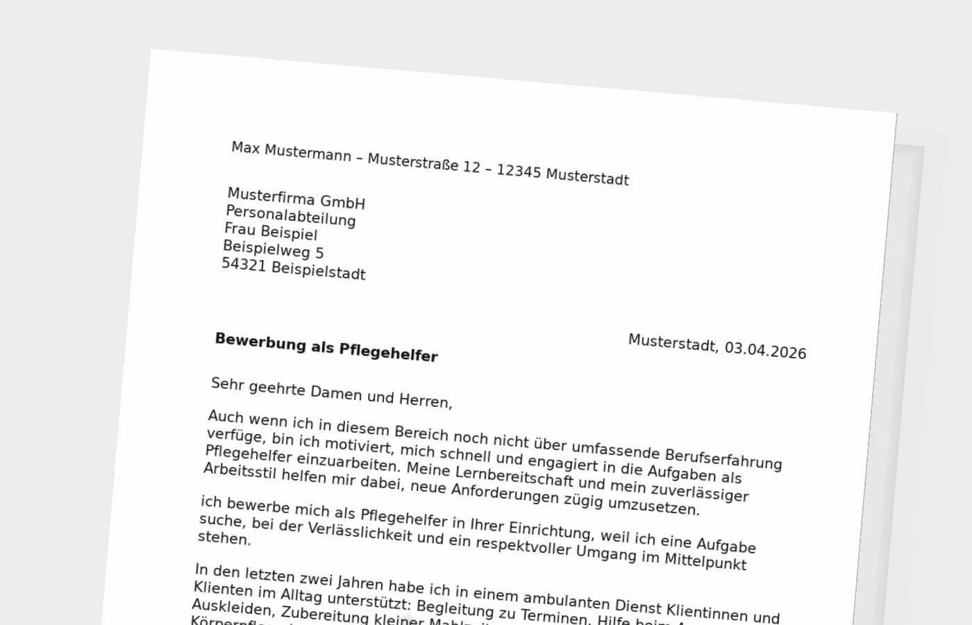 Bewerbungsanschreiben Pflegehelfer ohne Erfahrung