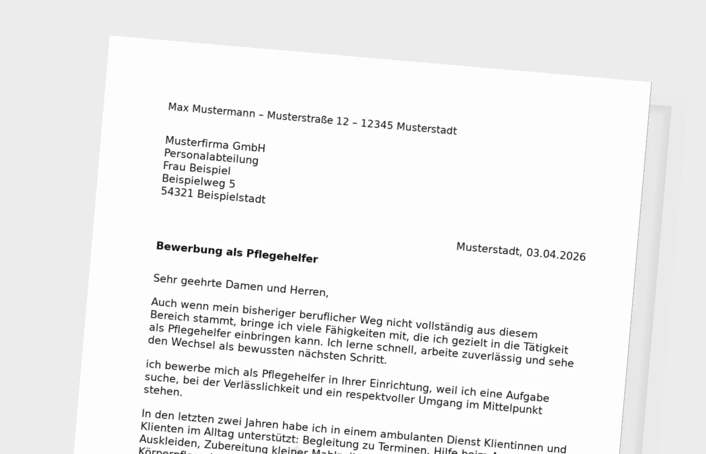 Bewerbungsanschreiben Pflegehelfer für Quereinsteiger