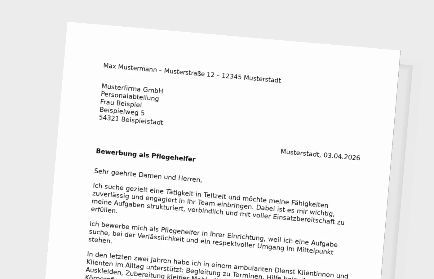 Bewerbungsanschreiben Pflegehelfer in Teilzeit