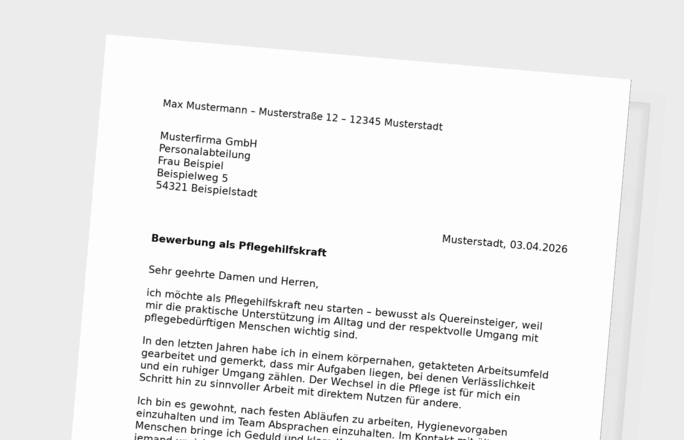 Anschreiben als Pflegehilfskraft im Quereinstieg