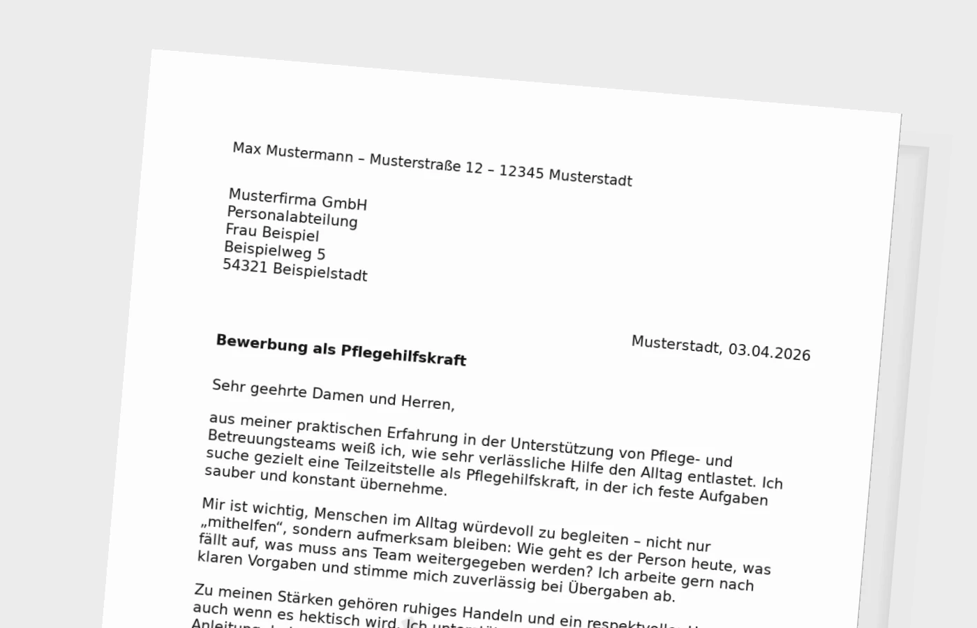 Vorschaubild zu Anschreiben als Pflegehilfskraft in Teilzeit