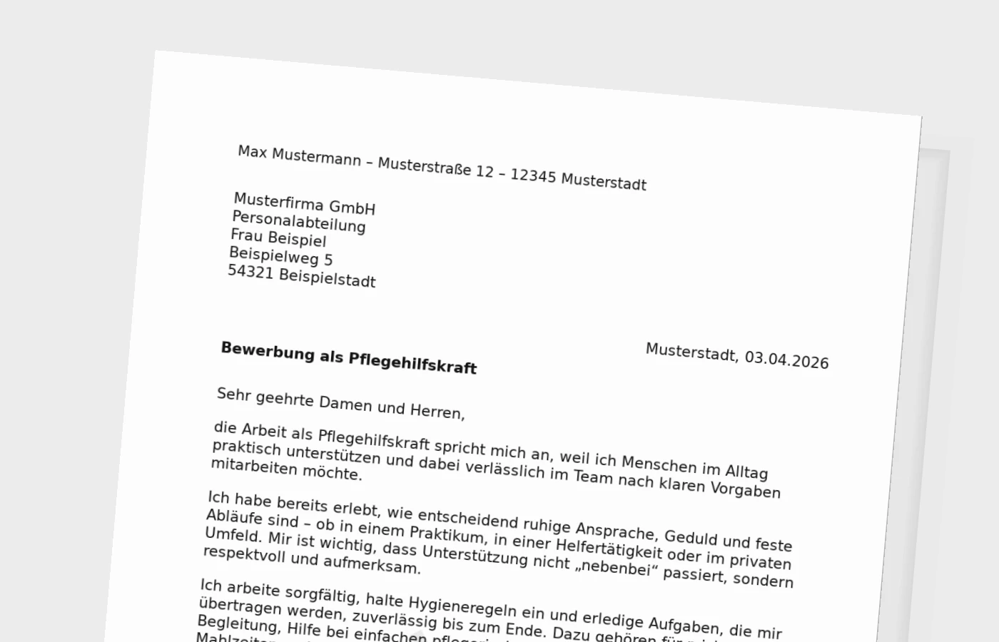 Vorschaubild zu Anschreiben als Pflegehilfskraft (Standard): überzeugend und realistisch