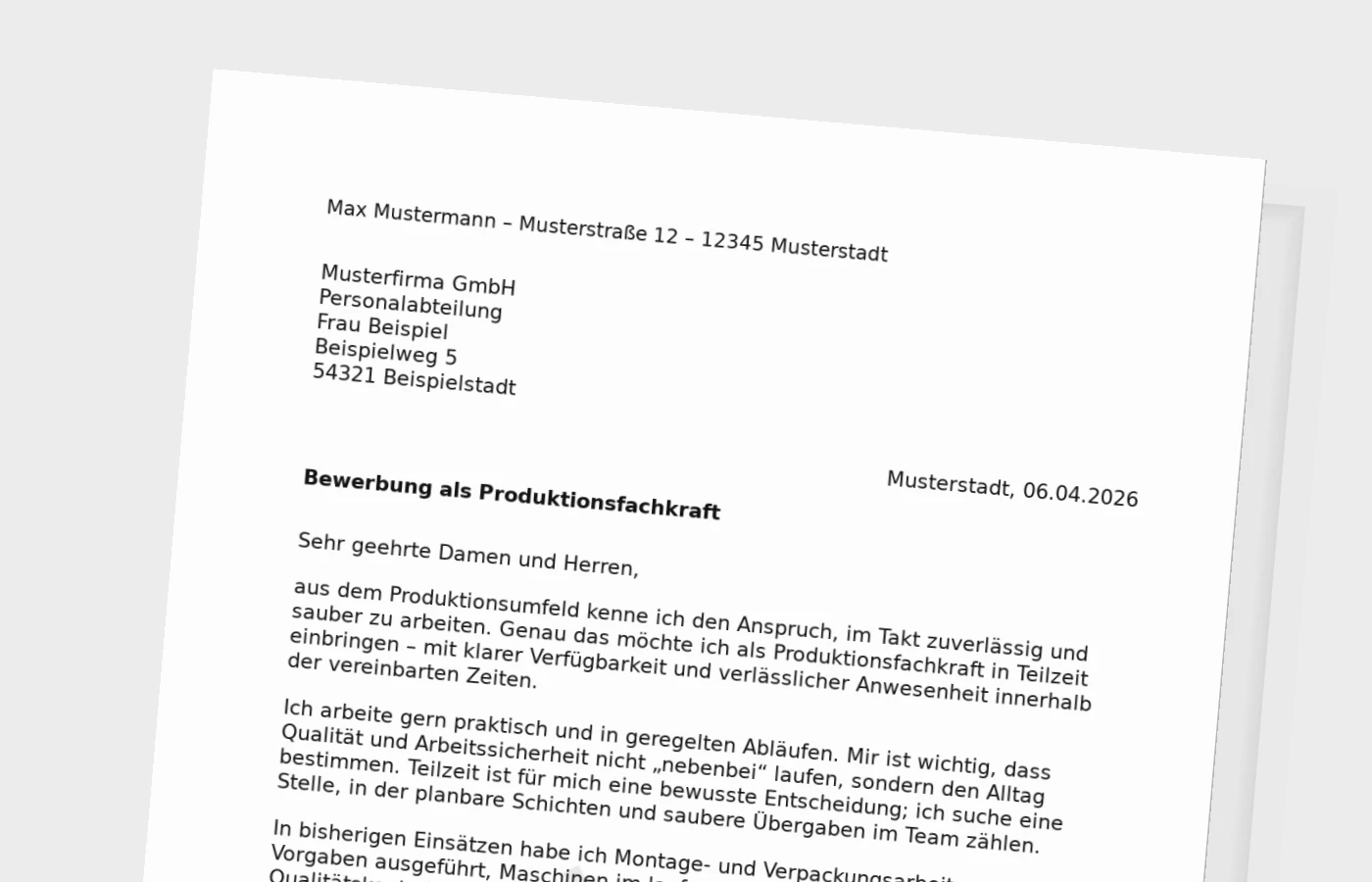 Anschreiben als Produktionsfachkraft in Teilzeit