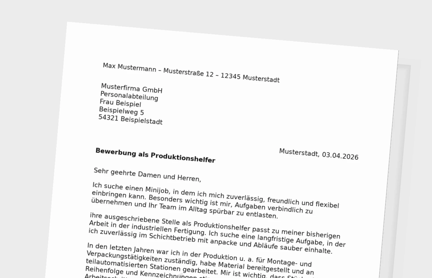 Bewerbungsanschreiben Produktionshelfer für Minijob