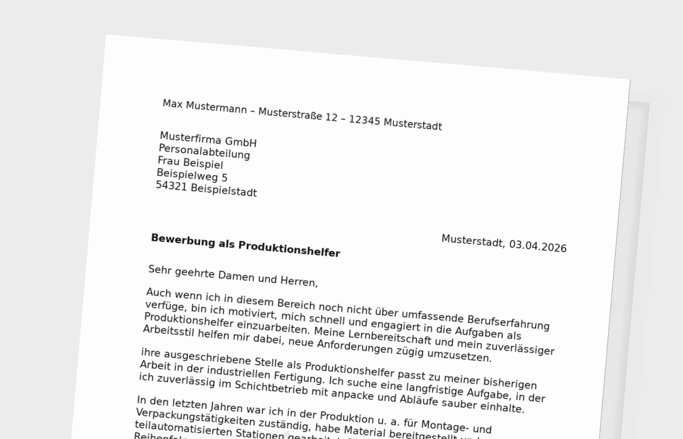 Bewerbungsanschreiben Produktionshelfer ohne Erfahrung