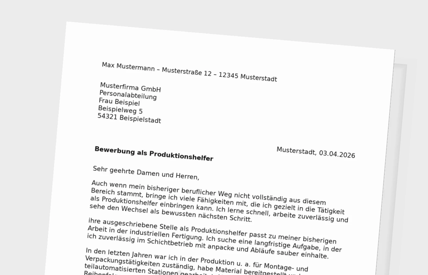 Bewerbungsanschreiben Produktionshelfer für Quereinsteiger