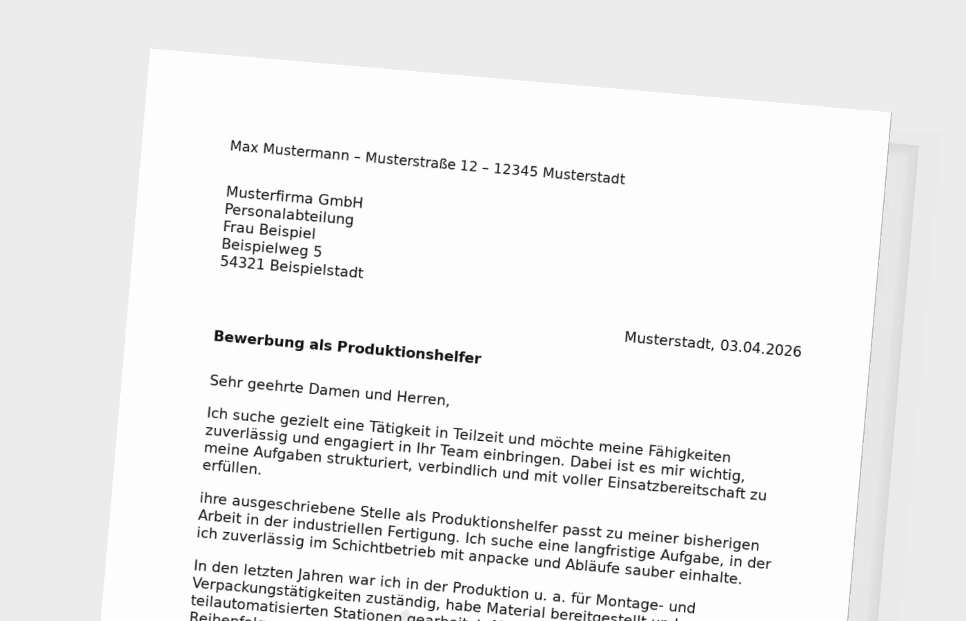 Bewerbungsanschreiben Produktionshelfer in Teilzeit