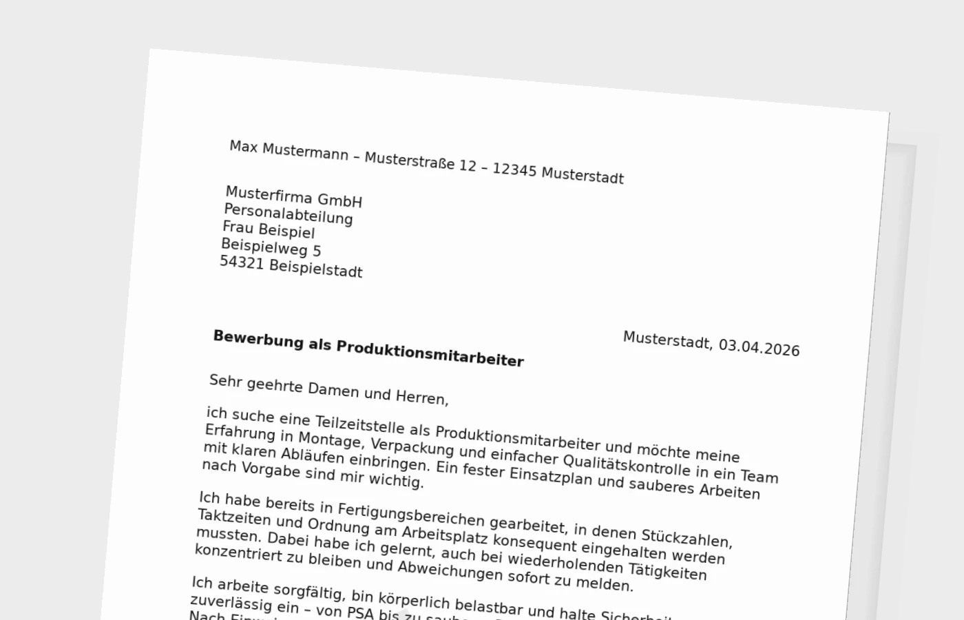 Anschreiben als Produktionsmitarbeiter in Teilzeit