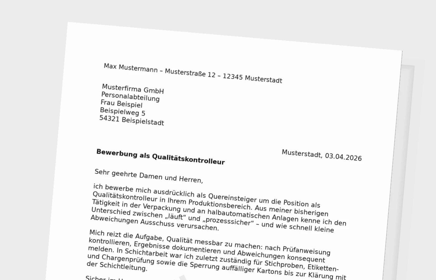 Anschreiben als Qualitätskontrolleur – Quereinstieg in Produktion & Industrie